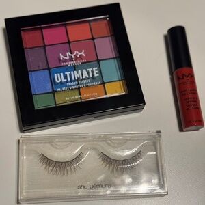 Makeup Bundle: NYX Ultimate Rainbow Palette + Red Lip Cream , Shu Uemura Lashes